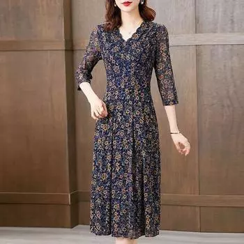 Летняя пряжа для мам, высококачественное женское платье, женское новое стильное платье из иностранной сетчатой пряжи L синий