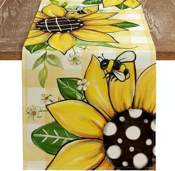 Summer Yellow Sunflower Bee Linen Table Runners Seasonal Farmhouse Buffalo Plaid Table Runners Wedding Party Dining Table Decor 150x33cm 59x13inch