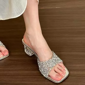 Summers Clear Strange High Heels Women Slippers Shoes Casual Street Style Ladies Open Toe Slides 35 серебряный