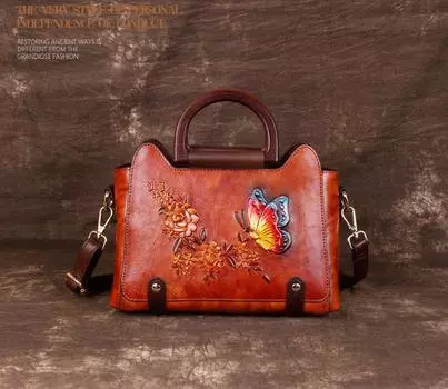 Сумочка из коровьей кожи с текстурой на одно плечо, косая сумка через плечо, винтажная женская сумка ручной работы с бабочкой и цветком 27*11*20.5 жёлтый