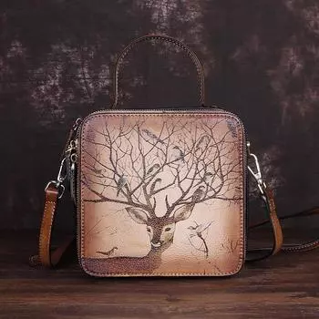 Сумочка из воловьей кожи, большая вместительная сумка с принтом и каймой, косая сумка на одно плечо, маленькая квадратная сумка в стиле ретро 29*9*19 серый