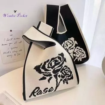 Сумочка с мультяшным медведем и розой. Эстетическая вязаная крючком большая сумка. Сумка на запястье. Bear бежевый