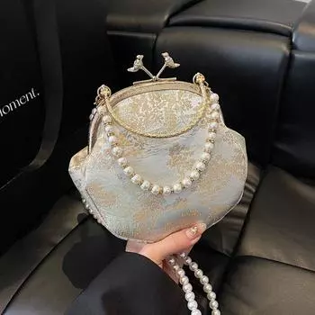 Сумочка в китайском стиле с жемчугом Kiss Lock Hanfu Clutch Bag Trendy Embroidery Banquet Bag Banquet розовый