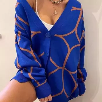 Sumuyoo зимний кардиган с геометрическим принтом, женский вязаный жакет оверсайз, свободный зеленый толстый теплый свитер, кардиган для женщин, новинка 2022 года S кофейный