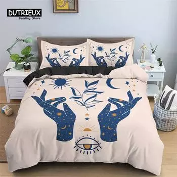 Sun And Moon Duvet Cover Mystical Hamsa Hand Bedding Set Microfiber Divination Eyes Comforter Cover King For Kids Adult Bedroom EU single(135x200cm)