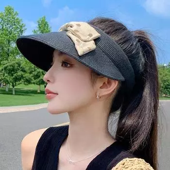 Sun Hat Women s 2025 New Arrival Sun-Proof French Pearl Polka Dot Bows Topless Hat Pastoral Style Straw Hat Black