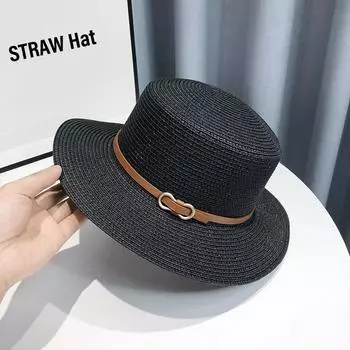 Sun Hat Women s Summer Belt Buckle Fashion British Style Top Hat Seaside Vacation Beach Hat Sun Protection Sun Hat D-216 black strap straw hat