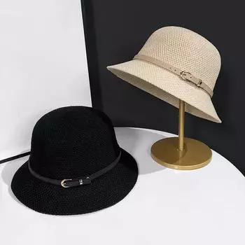 Sun Hats Panama Hats PU Leather Belt Women Sunscreen Hats Outdoor Straw Hats Summer Bucket Hats серый