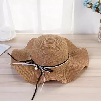 Sun Hats Women Wide Brim Pearl Pendant Bow Ruffles Sunshade Straw Weaving Summer Beach Outdoor Women Hat Elegant Sweet Trendy Beige