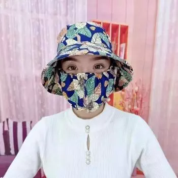 Sun Mask Hat Integrated Sun Hat Female UV Protection Wind-Proof Cap 2024 New Arrival Outdoor Summer Sun Hat Blue floral [Best Selling]]