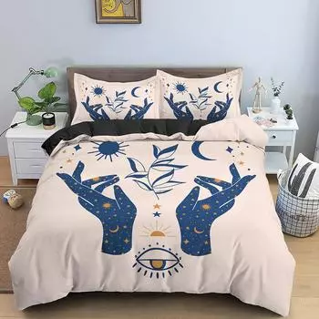 Sun Moon Bedding Set Mystical Lucky Hand Duvet Cover Full King Hamsa Eye Divination Seedlings Khaki 2/3PCS Polyester Quilt Cover 70x133cm 2pcs