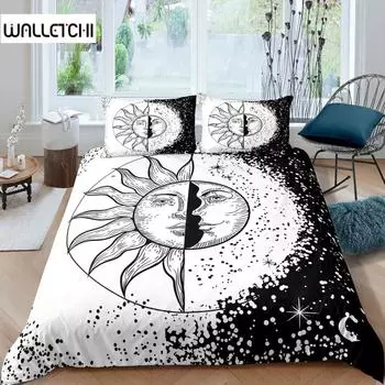 Sun Moon Duvet Cover Set Queen Microfiber Bohemian Black and White Print Yin Yang Comforter Cover Galaxy Star Twin Bedding Set EU single(135x200cm)
