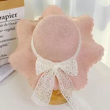 Sun-Proof Bucket Hat Straw Hat Female K-style Lace Bows Big Brim Seaside Sweet Sun Hat Foldable Beach XMZ032 pink Lace Bows straw hat_free size