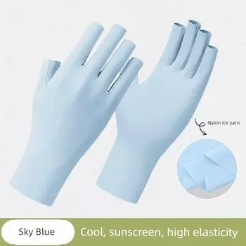 Sun Protection Five Finger Gloves Half Female Driving Car Tea Picking Leakage Open Finger Nail Beauty Sun Protection Black Summer Thin Half Finger JLST-Sky Blue One size