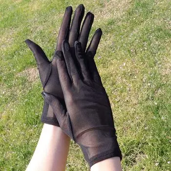 Sun Protection Gloves Extended Black Silk Oversleeves Sexy Ultra Slim Mesh Elastic Five Finger Nightclub Bar Cos Arm Guard Black short One size