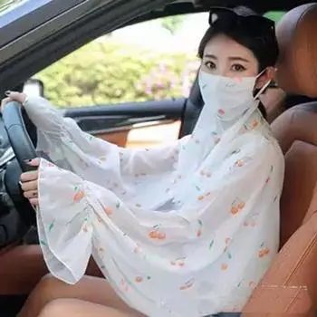 Sun Protection Gloves for Women Summer Driving and Biking Thin Long Loose UV Protection Viscose Fiber Oversleeve Arm Guard Car Practice Shawl Veil White small cherry [shawl + mask]] All yards