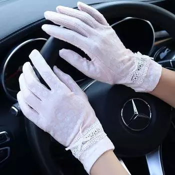 Sun Protection Gloves for Women Summer Thin Summer Road Bike Driving Short Elastic Thin Non Slip Spring & Fall Double Lace Beige(Double Lace Beige) All yards