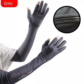 Sun Protection Gloves Open Electric Car Cycling Outdoor Sports on Foot Thin Ice Silk Breathable Summer Leak Two Finger Touch Screen [Long Non Slip 55cm] Gray male L 1 pair One size
