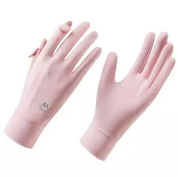 Sun Protection Gloves Women Ice Silk Thin Summer Driving Sun Protection Riding Non-Slip Breathable Leak Finger UV Protection Gloves Palm mesh [M standard] Sunscreen-pink All yards