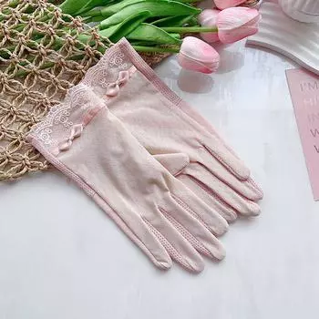 Sun Protection Gloves Women Ice Silk Thin Touch Screen Spring and Autumn Hand Lace Driving Riding Electric Car Elastic Summer Pink One size