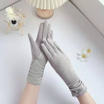 Sun Protection Gloves Women Mid-Length Thin Summer Driving Riding Spring and Autumn Electric Car Non-Slip UV Protection Pure Cotton Touch Screen Mid Length Long Length dandelion-Gray One size