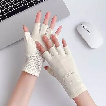 Sun Protection Gloves Women Summer Thin Pure Cotton UV Protection Driving Riding Non-Slip Breathable Tea Picking Open Finger Manicure Half Finger Mibai-Bear Head Half Finger All yards