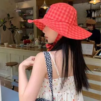 Sun Protection Hiking Fisherman Hat Small Lattice Bucket Hat Fashion Drawstring Sun Hat Camping Style 5