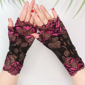 Sun Protection Lace Women Gloves Summer Thin Half Finger Riding Driving Dancing Breathable Lace Mesh Hollow Gloves Rose + Rose Red [2 pairs]] One size