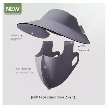 Sun Protection Mask Neck Guard Hat Integrated Women Full Face UV Protection Ice Silk Veil Eye Protection Corner Mask Breathable Sunshade [Hat mask detachable short] dark gray All yards
