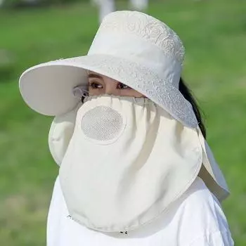 Sun Protection Mask Neck Protection Hat Integrated Sun Hat Female UV Protection Summer Tea Picking Summer Hat Big Brim Sun Hat Rose pattern cover face [beige]] All yards