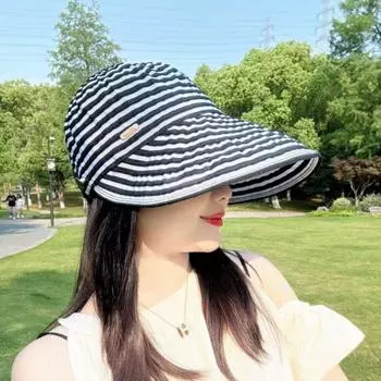 Sun Protection Peaked Cap Women s 2025 New Arrival Summer Stripes Sun Hat Travel Bucket Hat Face-Looking Small Sun Hat Black and white Stripes + windproof rope All yards