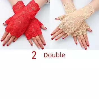 Sun Protection Women Lace Gloves Half Finger Versitile Fashion Spring and Summer Thin UV Protection Elastic Breathable Open Finger Dance Skin color + Red (2 pairs) All yards