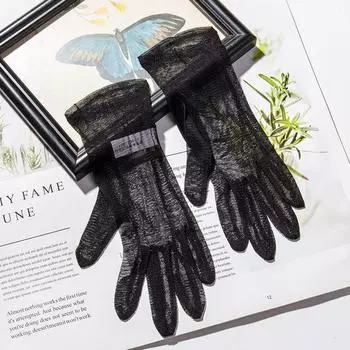 Sun Shading Silkworm Short Mesh Finger Gloves Silk Black All yards