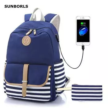 SUNBORLS новый рюкзак, женская полосатая холщовая сумка, большая вместительная USB-сумка для компьютера, сумка для школьников начальной и средней школы синий