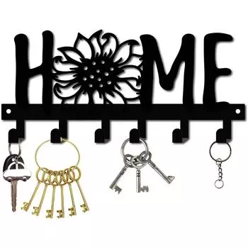 Sunflower and Letter Design Black Metal Key Holder for Wall - Multi-Purpose Porch, Hook Wall Decor Aesthetic Room Decor