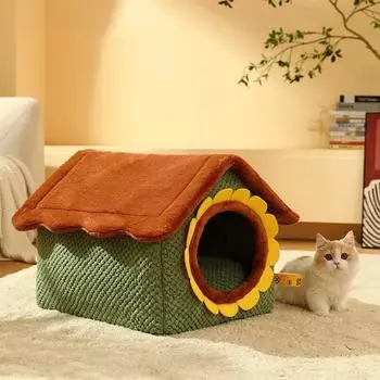 Sunflower Cat Tent Winter Dogs Cave Bed Pet Tent Warm Bed Removable Nest Cat Hut Soft Comfortable Pet Sleeping Bed Kennel S 43x36x34cm