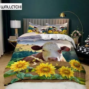 Sunflower Duvet Cover Set Sunflower Cow Bedding Set Microfiber Western Farmhouse Pastoral Scenery Flower Queen King Quilt Cover EU single(135x200cm)