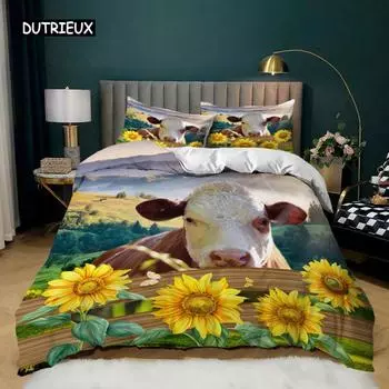 Sunflower Duvet Cover Set Sunflower Cow Bedding Set Microfiber Western Farmhouse Pastoral Scenery Flower Queen King Quilt Cover EU single(135x200cm)