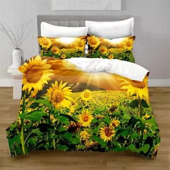 Sunflower Duvet Cover Set Yellow Flowers Lush Sunflowers in The Field Bedding Set Microfiber Botanical Floral Print Quilt Cover 218x177cm 86x70in