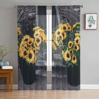 Sunflower Flowerpot Window Treatment Tulle Modern Sheer Curtains for Kitchen Living Room the Bedroom Curtains Decoration W135 x H114cm