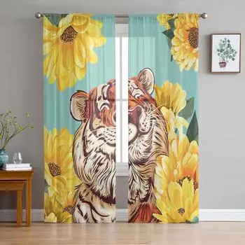 Sunflower Funny Tiger Butterfly Tulle Curtain Voile Transparent Tulle for Bedroom Living Room Kitchen Sheer Window Curtains W135 x H114cm