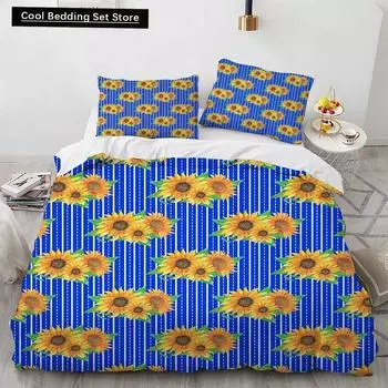 Sunflower King Queen Duvet Cover Striped Floral Bedding Set for Kids Teens Adults Colorful Flowers 23pcs Polyester Quilt Cover EU Single 135x200cm