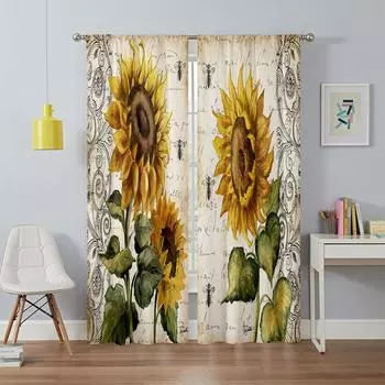 Sunflower landscape curtain sunflower garden with pattern, a set of two pieces, home bedroom living room curtain 50W130H(CM)X2PCS&Grommet Top