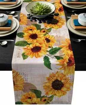 Sunflower Linen Table Runner Spring Flowers Dresser Scarf Table Runner Kitchen Family Dinner Banquet Wedding Holiday Party Decor 150x33cm 59x13inch