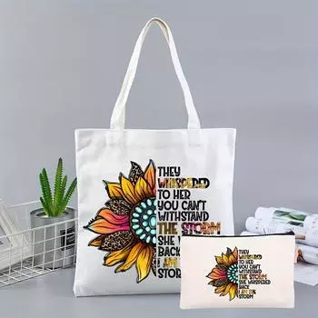 Sunflower Pattern Tote Bags for Women Canvas Large Capacity Shoulder Handbags Reusable Zipper Cosmetic Bag Porch Female Purse