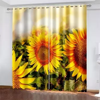 Sunflower Printed Woven Curtains Bedroom Blackout Curtains with Two Independent Curtains on The Left and Right 132cmx160cm