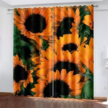 Sunflower Printed Woven Curtains Bedroom Blackout Curtains with Two Independent Curtains on The Left and Right 132cmx160cm