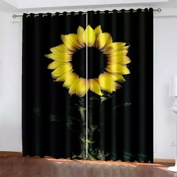 Sunflower Printed Woven Curtains Bedroom Blackout Curtains with Two Independent Curtains on The Left and Right 132cmx160cm