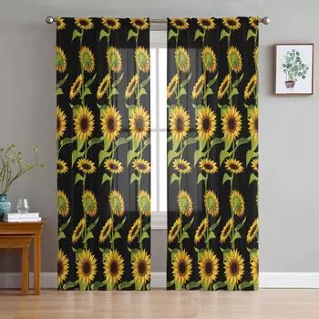 Текстура подсолнечника Черный ретро прозрачный тюль оконные шторы для гостиной спальни кухни вуалет занавеска для украшения дома W135 x H114cm