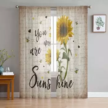 Sunflower Vintage Letter Bee Curtain For Living Room Transparent Tulle Curtains Window Sheer For The Bedroom Accessories Decor W135 x H114cm